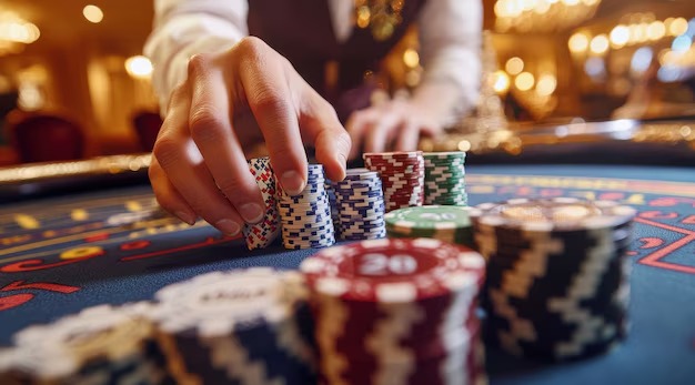Casino Hold'em table with dealer and cards